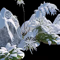 Artistic Garden Ornament Featuring Snow Covered Rockery And Lush Green Plants