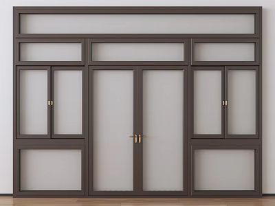 Modern Dark Brown Casement Windows With Multiple Panes And Brass Handles 3d model