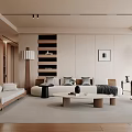 Modern Neutral Tones Living Room Interior With Sofa Pillows Coffee Table Armchair And Palm Plant