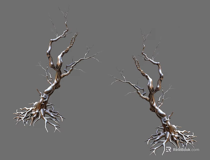 Leafless Trees with Twisted Trunks Exposed Roots and Snow Covered Surfaces on Gray Background 3d model