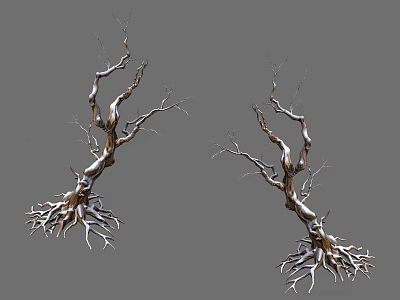 Leafless Trees with Twisted Trunks Exposed Roots and Snow Covered Surfaces on Gray Background 3d model