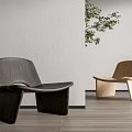 Modern Wooden Leisure Chairs In Dark And Light Design With Gray Wall And Green Plant