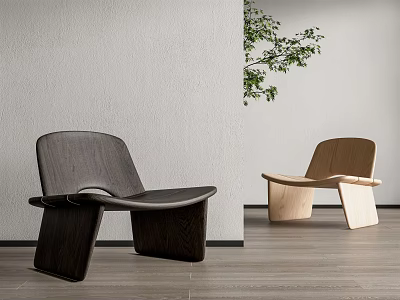 Modern Wooden Leisure Chairs In Dark And Light Design With Gray Wall And Green Plant 3d model