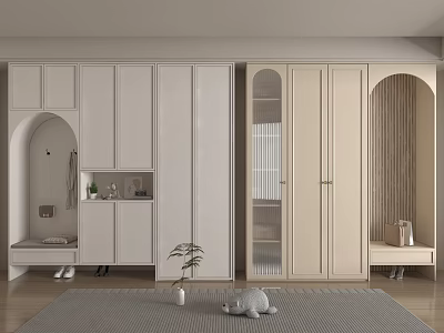 Modern White And Beige Shoe Cabinet With Arched Design Glass Doors And Storage Bench 3d model