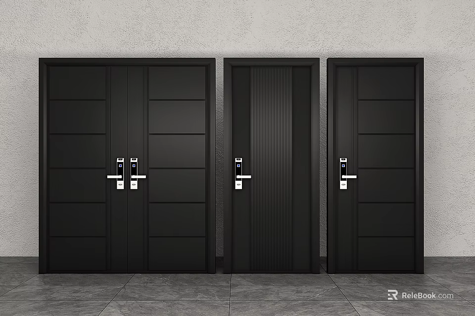 Three Black Security Doors Showcase Against Grey Wall And Grey Floor 3d model 