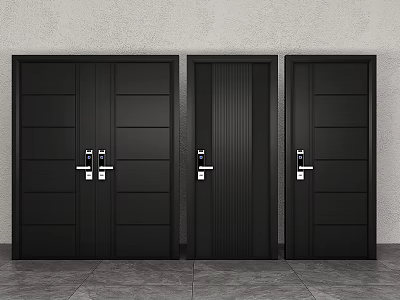 Three Black Security Doors Showcase Against Grey Wall And Grey Floor 3d model