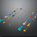 Colorful 3D Plant Models With Blue Yellow Red White Orange Trees Arranged On Black Background