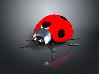 Ladybug With Red Back Black Spots Silver Head And Black Legs On Dark Reflective Surface 3d model