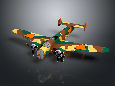Camouflage Passenger Plane Model With Twin Propellers Green Brown Yellow Paint And Orange Wing Triangles 3d model