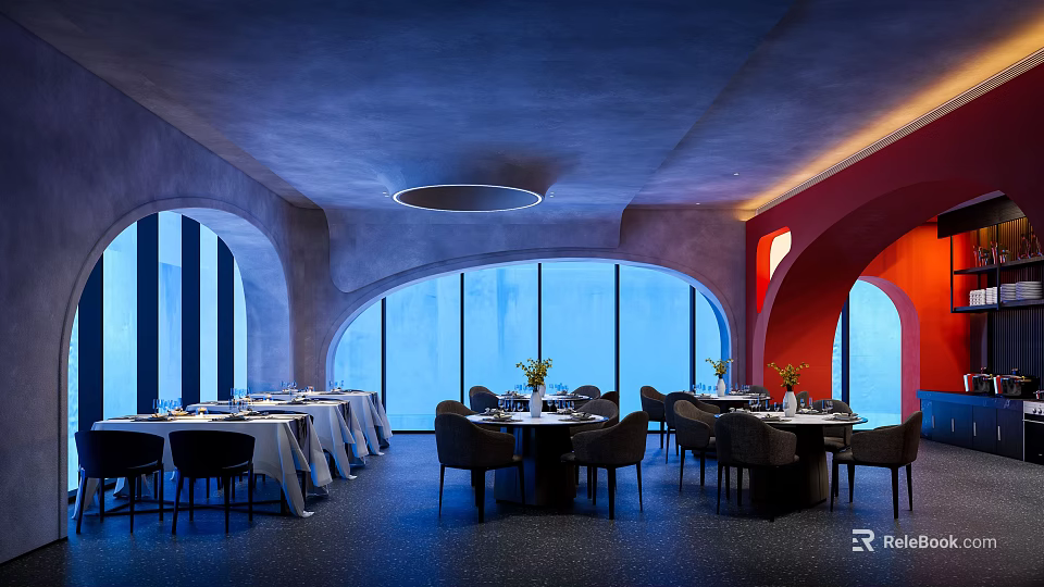 Modern Restaurant Interior With Round Tables Black Chairs And Pendant Lights Design 3d model 