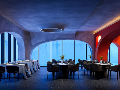 Modern Restaurant Interior With Round Tables Black Chairs And Pendant Lights Design 3d model