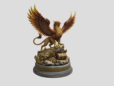 Game Movie Mythical Griffin Character With Golden Wings Standing On Ornate Base 3d model