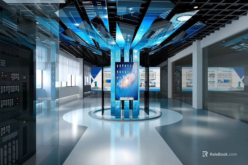 Modern Technology Exhibition Hall Featuring Blue Lighting Ceiling Central Display Column And Interactive Screens 3d model 