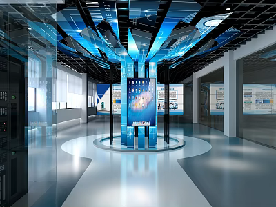 Modern Technology Exhibition Hall Featuring Blue Lighting Ceiling Central Display Column And Interactive Screens 3d model
