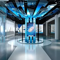 Modern Technology Exhibition Hall Featuring Blue Lighting Ceiling Central Display Column And Interactive Screens