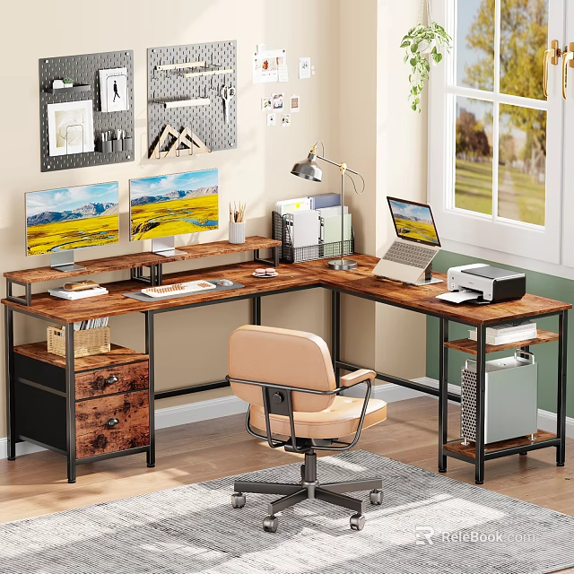 L Shaped Wooden Desk With Metal Frame Dual Monitors Laptop And Printer In Home Office 3d model 