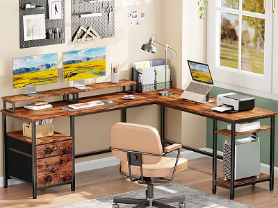 L Shaped Wooden Desk With Metal Frame Dual Monitors Laptop And Printer In Home Office 3d model