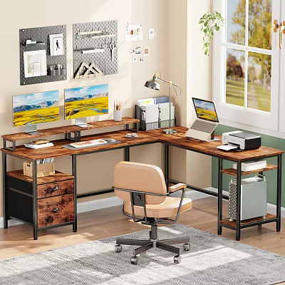 L Shaped Wooden Desk With Metal Frame Dual Monitors Laptop And Printer In Home Office 3d model