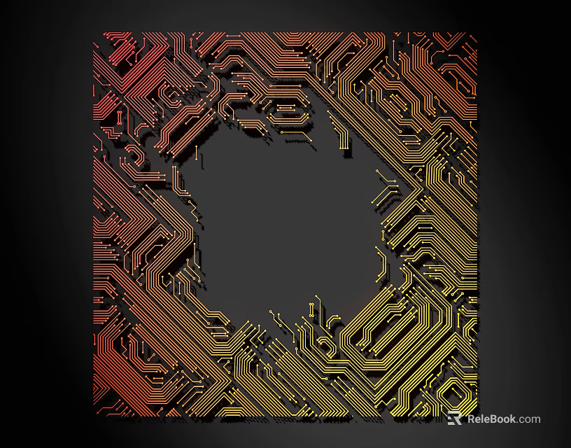 Colorful Circuit Board Pattern With Red Orange Yellow Lines And Square Design Black Center Void 3d model 