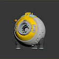 Futuristic Spherical Device With White Yellow Body Blue Accents Circular Opening And Small Yellow Sphere