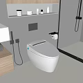 Modern Smart Toilet In Contemporary Bathroom With Wooden Cabinet And Glass Shower