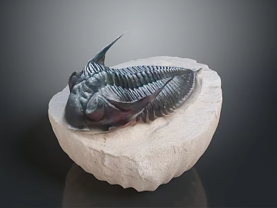 Ancient Trilobite Fossil With Preserved Organ Structure And Hair Like Details On Stone Base 3d model