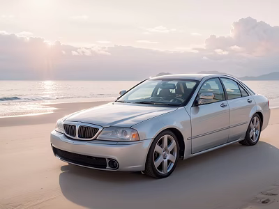 Silver Sedan Parked On Beach With Ocean View Sunset Sky And Clouds 3d model
