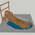 Wooden Waterwheel Garden Ornament With Blue Water Pool And Wooden Frame