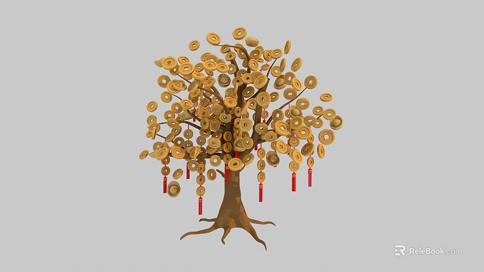 Lucky Ornamental Tree Decorated With Hanging Gold Coins And Red Tassels 3d model 