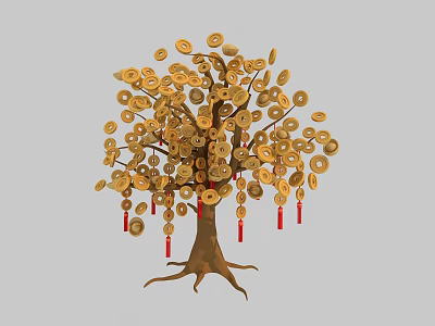 Lucky Ornamental Tree Decorated With Hanging Gold Coins And Red Tassels 3d model