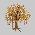 Lucky Ornamental Tree Decorated With Hanging Gold Coins And Red Tassels