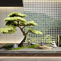 Zen Garden Ornament With Bonsai Pine Tree Moss Stones Grid Patterned Wall And Small Lantern
