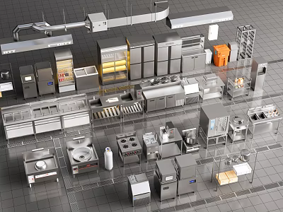 Commercial Kitchen Setup Featuring Stainless Steel Equipment And Cooking Appliances 3d model