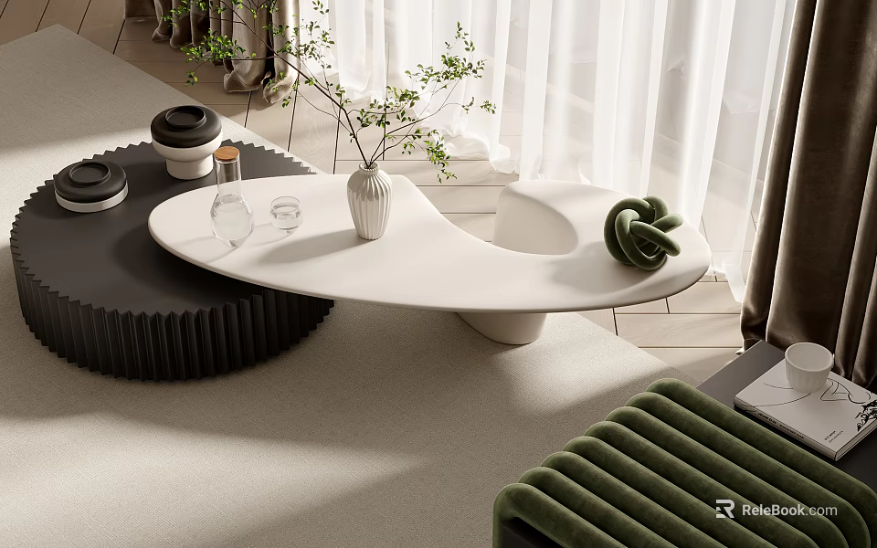 Modern White Coffee Table with Curved Surface Vase Glasses and Green Decor 3d model 