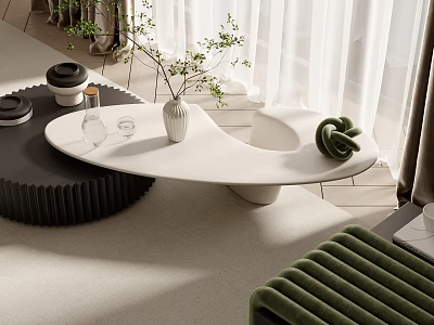 Modern White Coffee Table with Curved Surface Vase Glasses and Green Decor 3d model
