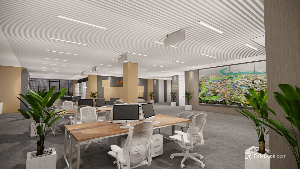 Modern Public Office Space With Long Tables White Chairs Computers And Green Plants 3d model 