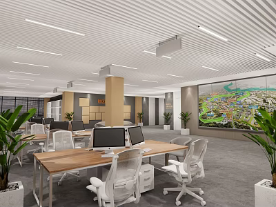 Modern Public Office Space With Long Tables White Chairs Computers And Green Plants 3d model