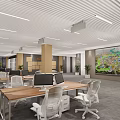 Modern Public Office Space With Long Tables White Chairs Computers And Green Plants