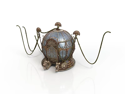 Decorative Metal Birdcage With Glass Panels Ornate Design And Chain Handles For Home Decor 3d model