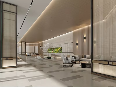 Modern Hotel Lobby Interior With Spacious Layout Comfortable Sofas Greenery Wall And Modern Lighting 3d model