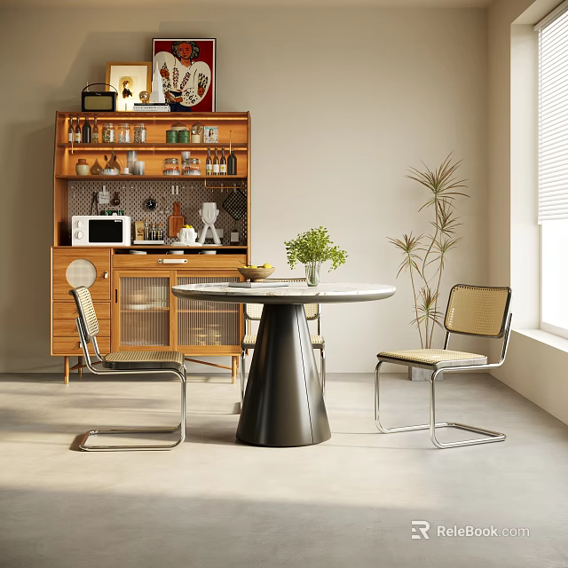 Modern Round Dining Table Set With Glass Top Metal Frame Chairs And Wooden Sideboard 3d model 