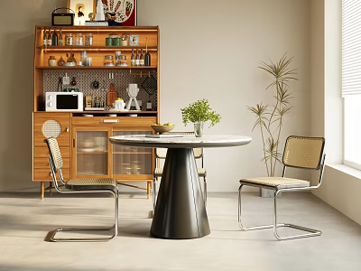 Modern Round Dining Table Set With Glass Top Metal Frame Chairs And Wooden Sideboard 3d model