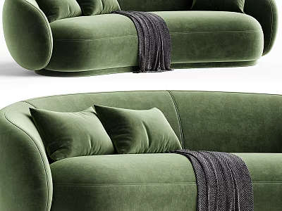 Modern Green Velvet Sectional Sofa with Plush Throw Pillows and Cozy Blanket 3d model
