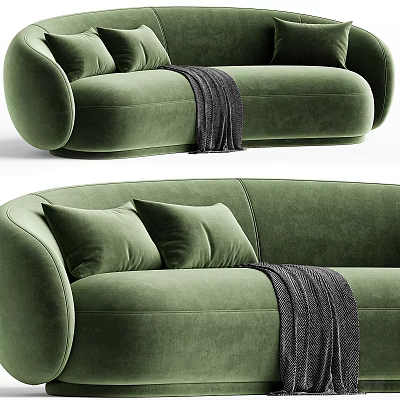 Modern Green Velvet Sectional Sofa with Plush Throw Pillows and Cozy Blanket 3d model