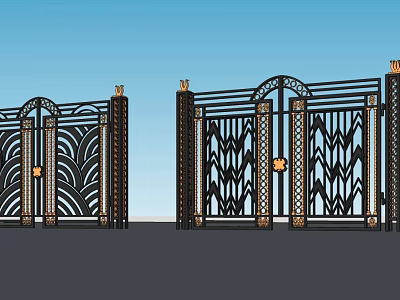 Black Iron Entrance Gates With Ornate Patterns And Decorative Golden Accents 3d model