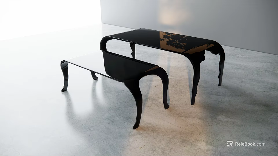 Black Display Shelves With Curved Legs And Transparent Glass Panel On Grey Floor White Wall Background 3d model 