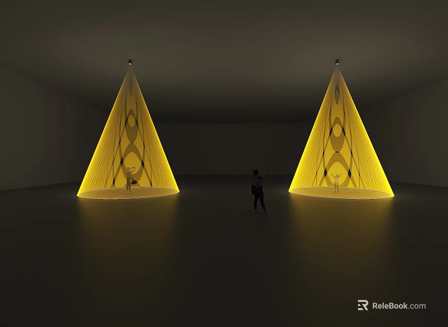 Brightly Lit Yellow Conical Decorative Lights in Dark Room with Person Pointing 3d model 