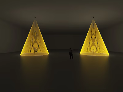 Brightly Lit Yellow Conical Decorative Lights in Dark Room with Person Pointing 3d model