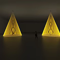Brightly Lit Yellow Conical Decorative Lights in Dark Room with Person Pointing