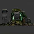 Mystical Stone Archway Scene With Green Neon Lights Moss And Pipes